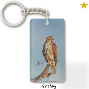 Blue Red-Tailed Hawk Bird Painting Initials Key Ring