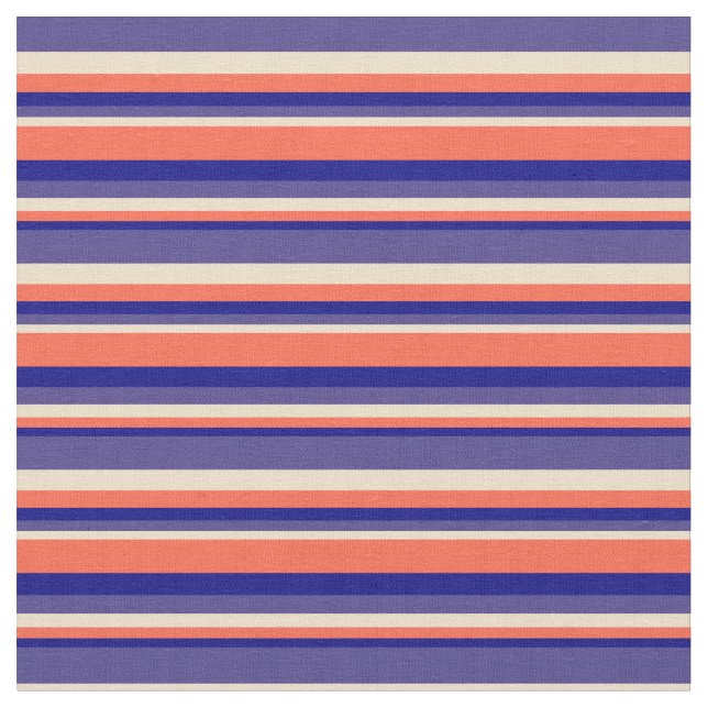 Blue, Red, Tan, and Dark Slate Blue Stripes Fabric (Close Up)