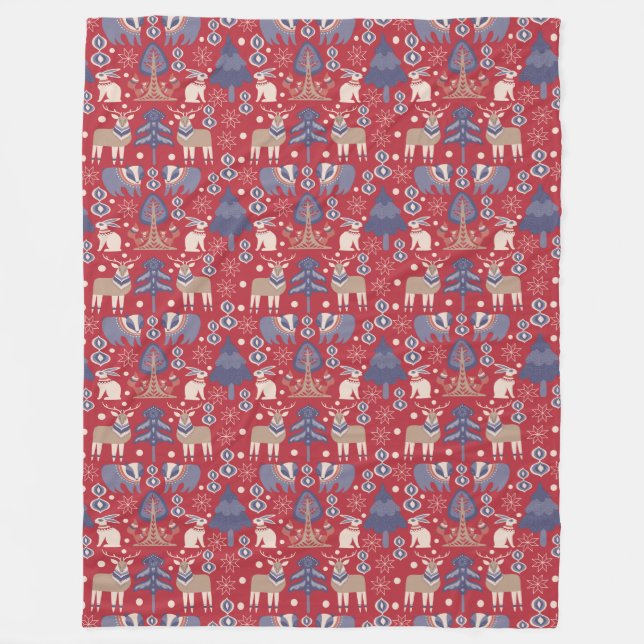 Blue Red Tan Nordic Scandinavian Pattern Fleece Blanket (Front)