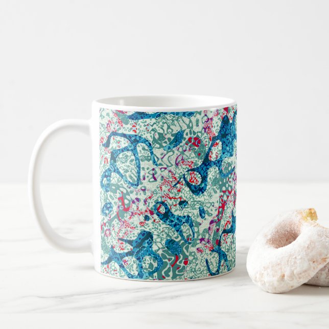 Blue Red Teal Spotted Graphic Abstraction Coffee Mug (With Donut)
