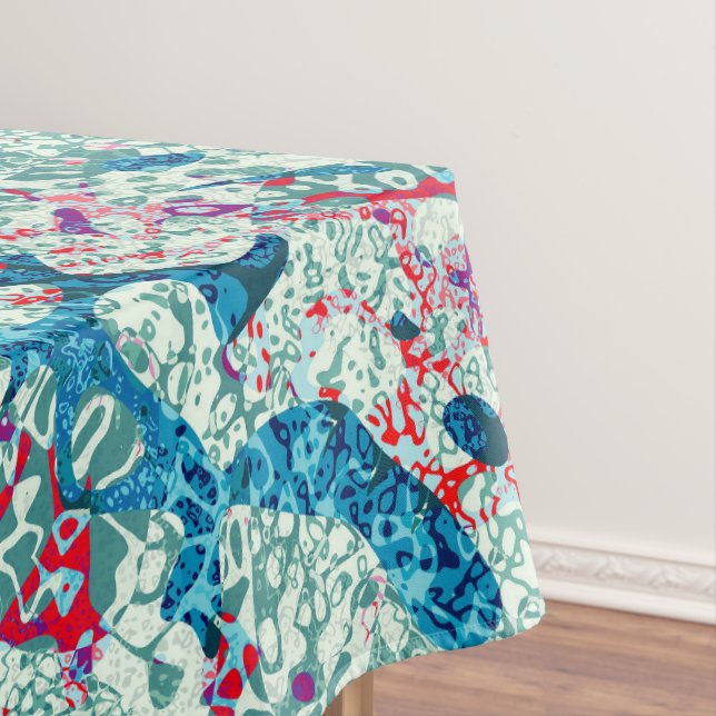 Blue Red Teal Spotted Graphic Abstraction Tablecloth (In Situ)