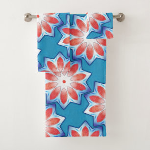 Blue red ten stub star kaleidoscope in soft shiny bath towel set