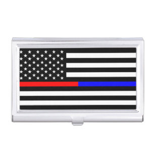 blue red thin line police firefighters symbol usa business card holder