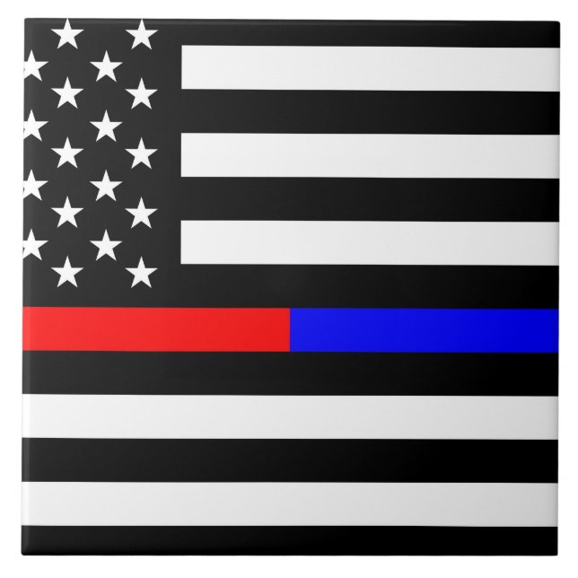 blue red thin line police firefighters symbol usa ceramic tile (Front)