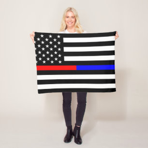 blue red thin line police firefighters symbol usa fleece blanket