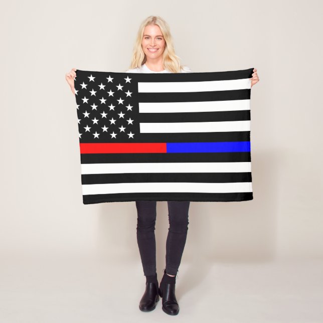blue red thin line police firefighters symbol usa fleece blanket (In Situ)