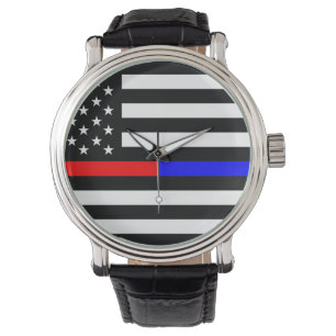 blue red thin line police firefighters symbol usa watch