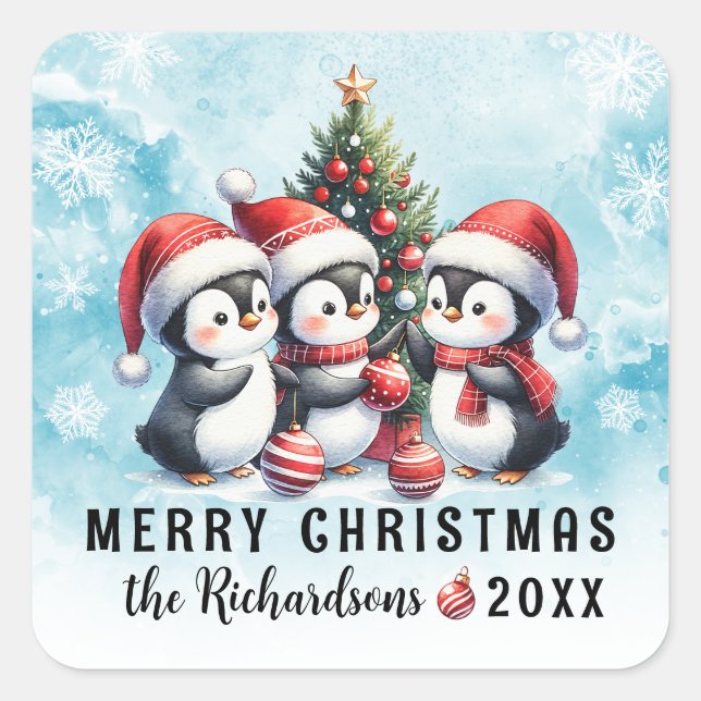 Blue Red Three Fun Penguins Merry Christmas Square Sticker (Front)