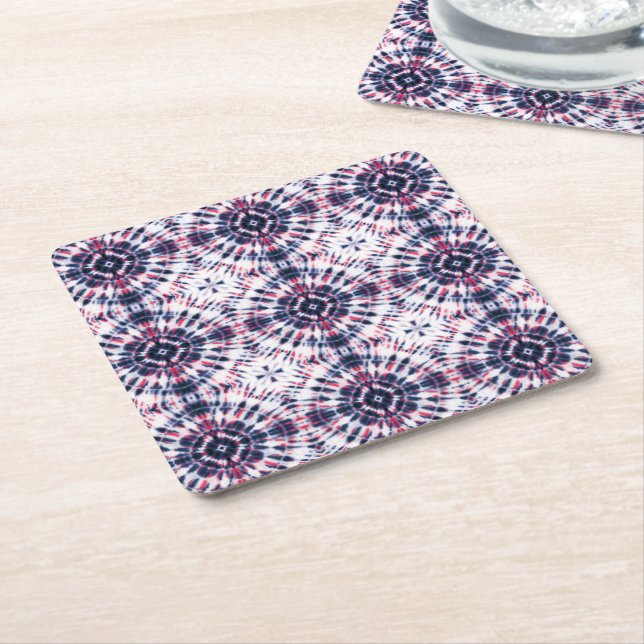 Blue & Red Tie Dye Pattern Square Paper Coaster (Angled)