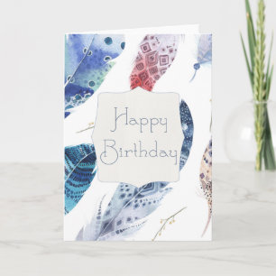 Blue & Red Watercolor Feathers Birthday Card
