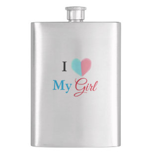 Blue red watercolor heart I love my girl name Hip Flask