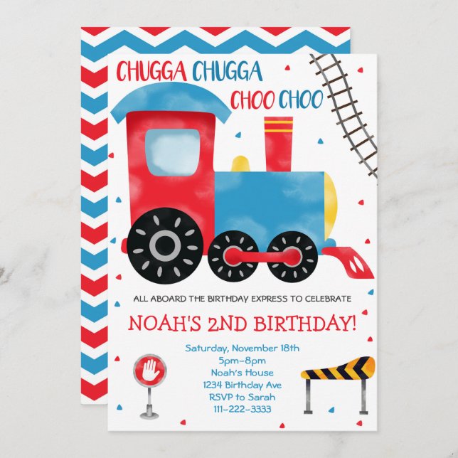 Blue Red Watercolor Train Birthday Invitation (Front/Back)