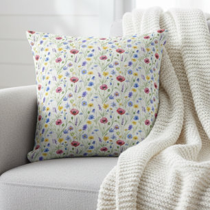 Blue Red Watercolor Wildflower Cushion