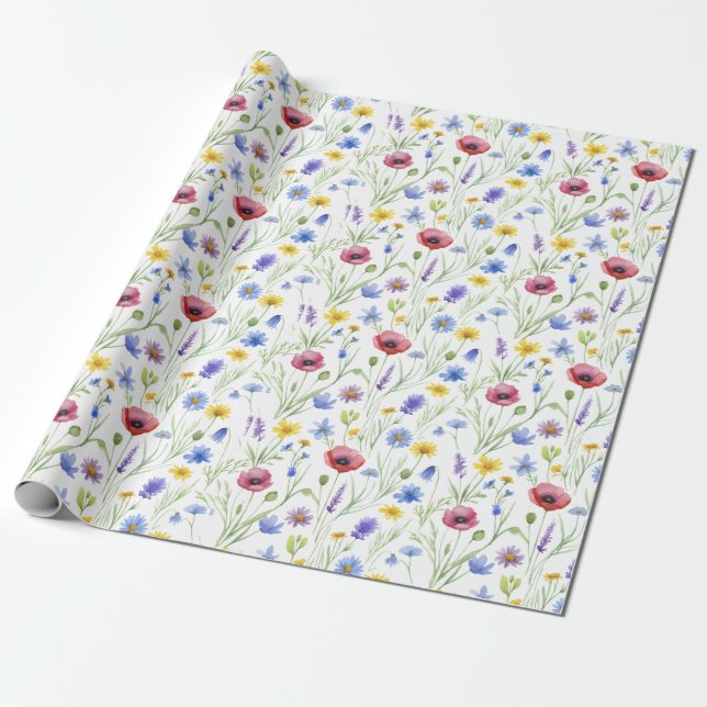 Blue Red Watercolor Wildflower Wrapping Paper (Unrolled)