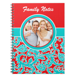 Blue Red White Damask Family Notes Photo Notebook