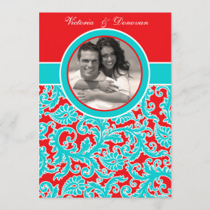 Blue Red White Damask Photo Wedding Invitation