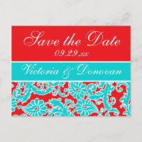Blue Red White Damask Save the Date Postcard