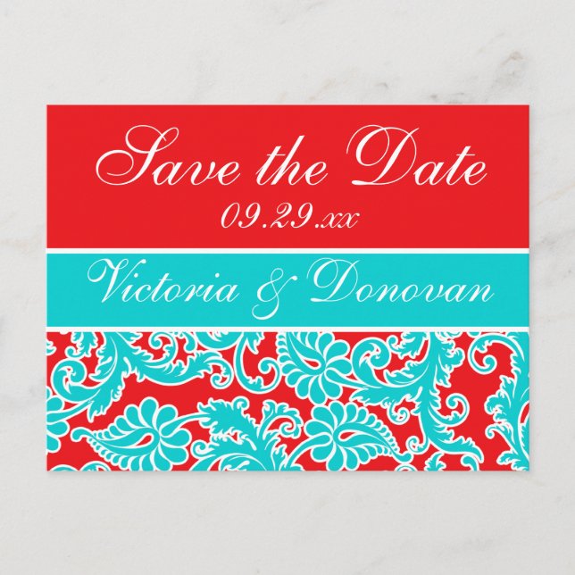 Blue Red White Damask Save the Date Postcard (Front)