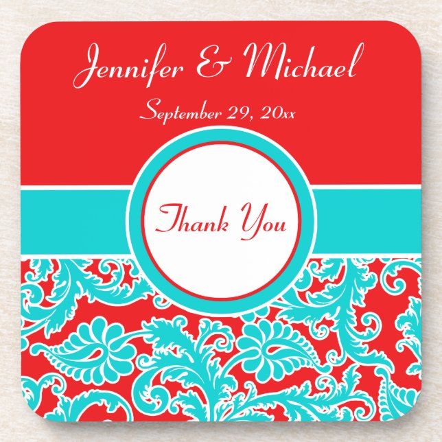Blue, Red, White Damask Wedding Coaster Set (6) (Front)