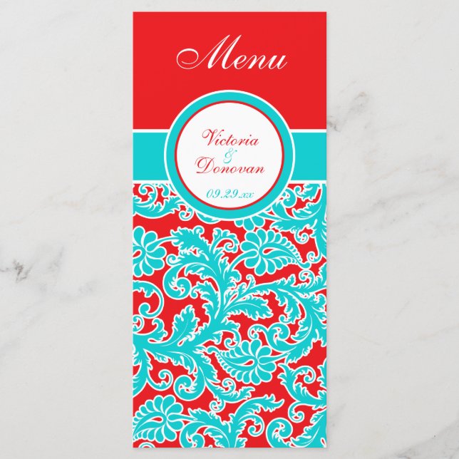 Blue Red White Floral Damask Menu Card (Front)