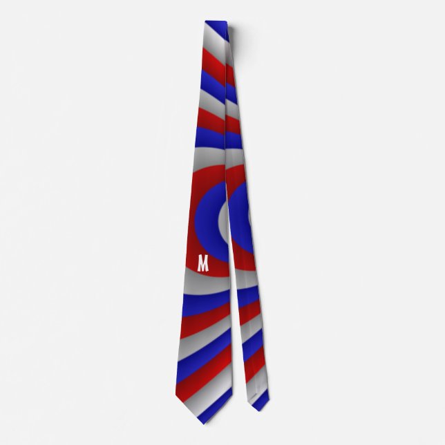 Blue Red White Fractal Art Pattern Monogram Tie (Front)