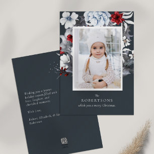 Blue Red White Holiday Botanical Christmas Card