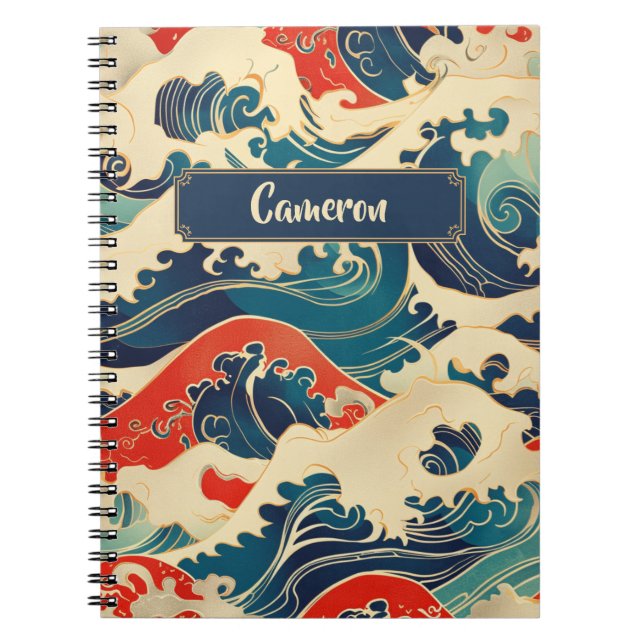 Blue Red White Japanese Ocean Wave Traditional Art Notebook (Front)