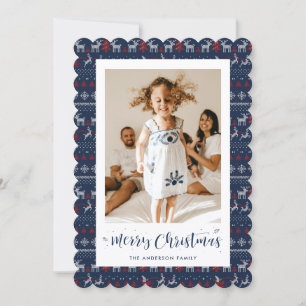 Blue Red White Knitted Photo Merry Christmas Card