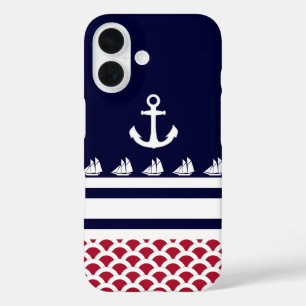 Blue   Red   White Nautical Stripes and Anchor iPhone 16 Case