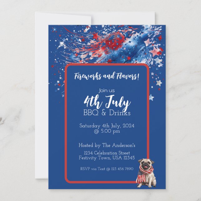 Blue Red White Puppy 4th July Invitation (Front)