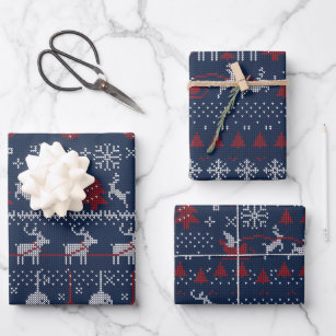 Blue Red White Reindeer Santa Claus Christmas Wrapping Paper Sheet