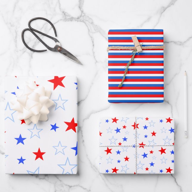 Blue Red White Stars and Stripes Wrapping Paper Sh (Front)