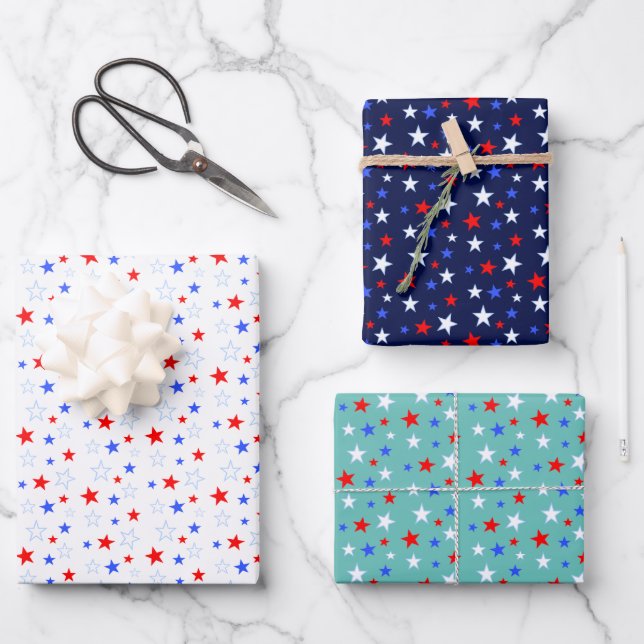 Blue Red White Stars Wrapping Paper Sheet (Front)