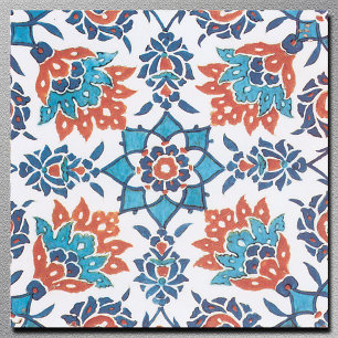 Blue Red White Vintage Floral Art Tile