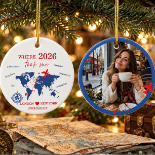 Blue Red World Map Travel Photo Keepsake Ceramic Ornament