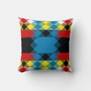 blue red yellow black and white geometric cushion
