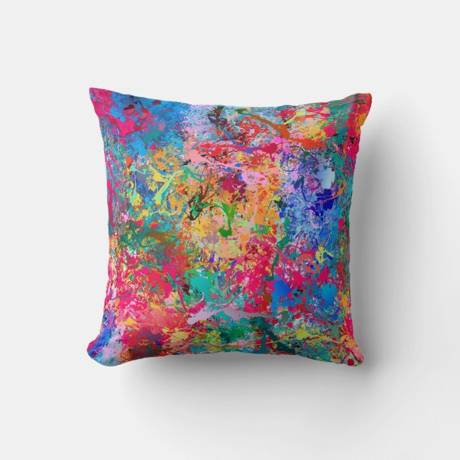 Blue Red Yellow Green Pink Teal Splash Abstraction Cushion (Front)