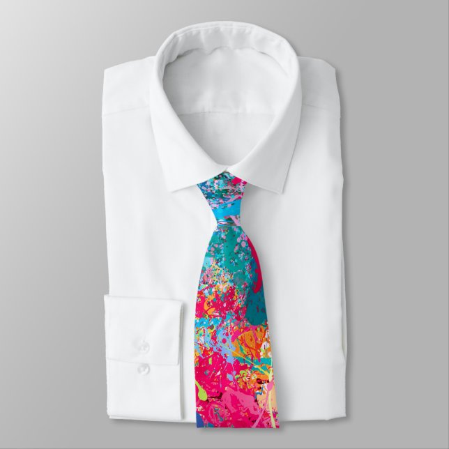 Blue Red Yellow Green Pink Teal Splash Abstraction Tie (Tied)