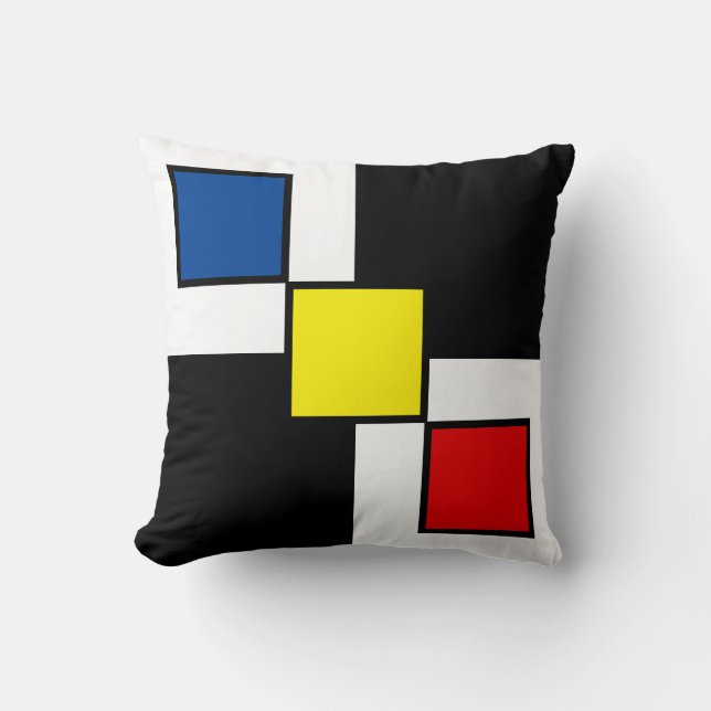 Blue Red Yellow  Squares on Black White Cushion (Front)
