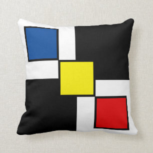 Blue Red Yellow Squares on Black White Cushion