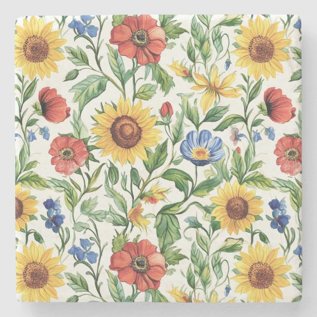 Blue Red Yellow Sunflowers Italian Floral Stone Coaster (Front)