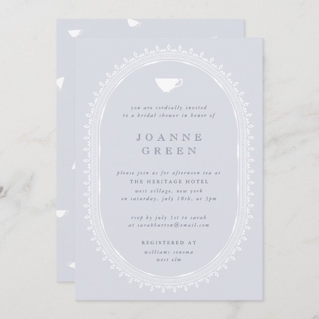 Blue Regency Afternoon Tea Bridal/Wedding Shower Invitation (Front/Back)