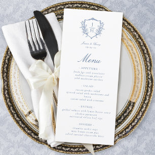 Blue Regency Floral Crest Monogram Wedding Menu