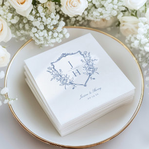 Blue Regency Floral Crest Monogram Wedding Napkin