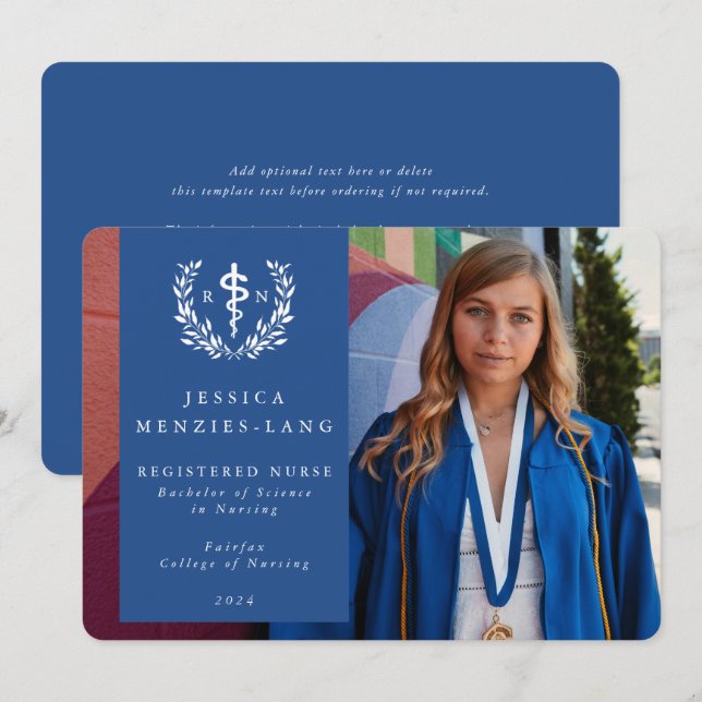 Blue Registered Nurse Asclepius Graduation Photo Announcement (Front/Back)