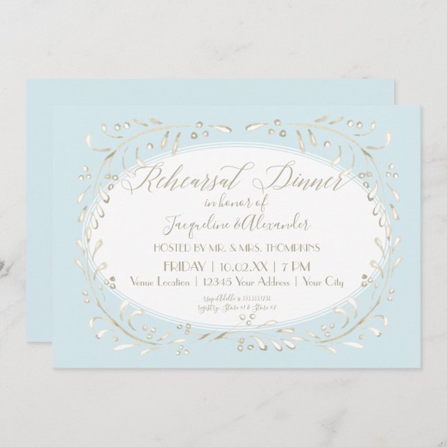 Blue Rehearsal Dinner Simple Watercolor Leaves Art Invitation (Front/Back)