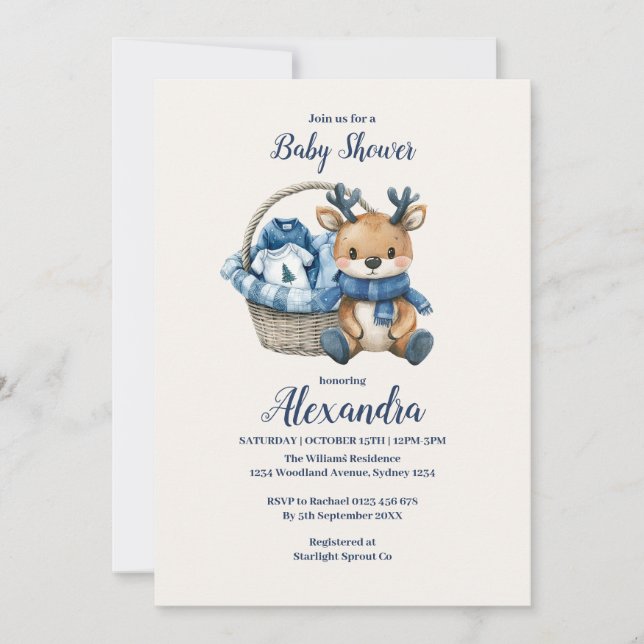 Blue Reindeer Basket Baby Shower Invitation (Front)