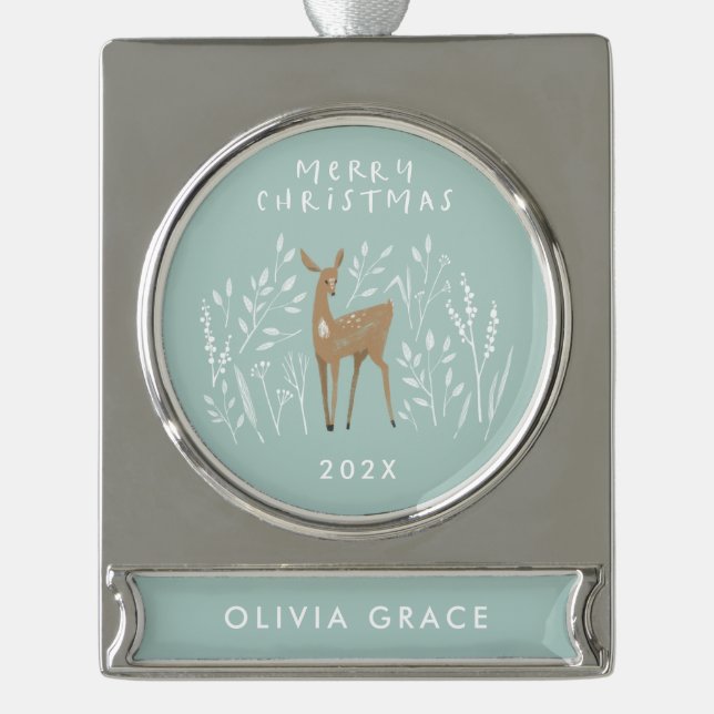 Blue reindeer botanical delicate elegant silver plated banner ornament (Front)