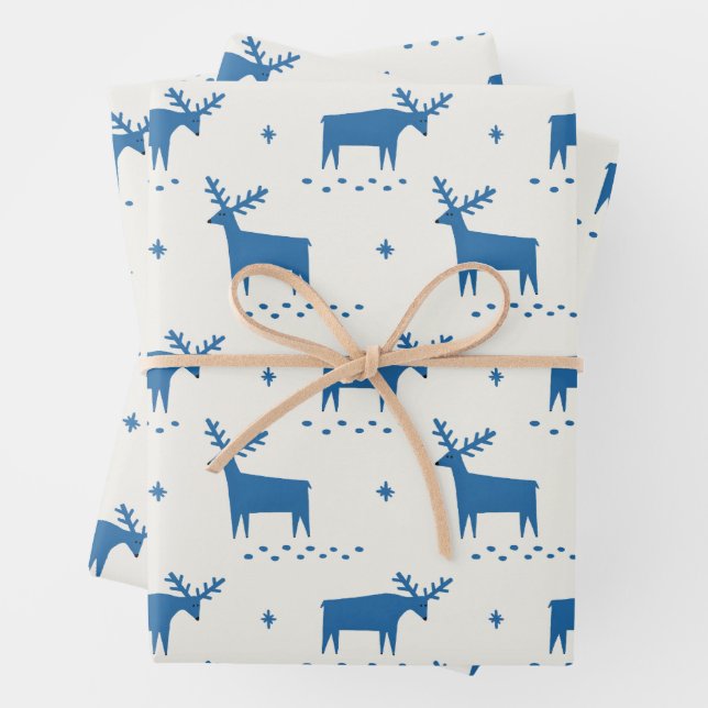 Blue Reindeer Christmas | Cute Nordic Holiday Wrapping Paper Sheet (In situ)