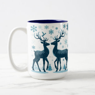 Blue Reindeer Family Silhouette In Winter Snow Two-Tone Coffee Mug